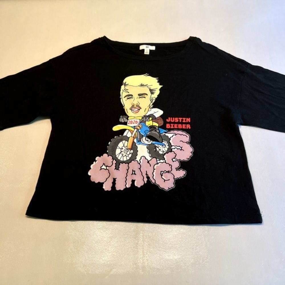BP Justin Bieber Changes Graphic Tee Women Small Black Excellent Cropped Shirt